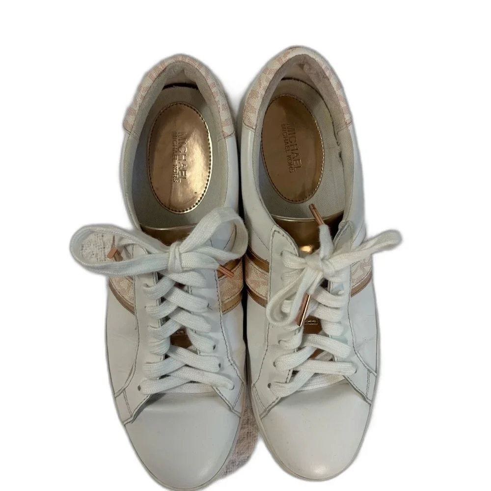 Michael Kors Irving Stripe Sneakers Womens 9M White Rose Gold Leather Logo